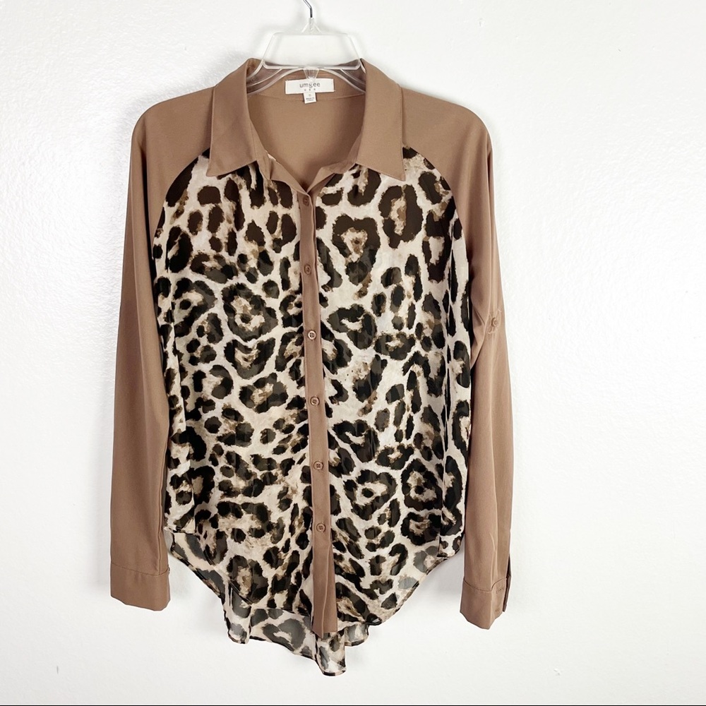 UMGEE Sheer Leopard Print Long Sleeves High Low Hem Button Top, Size Small